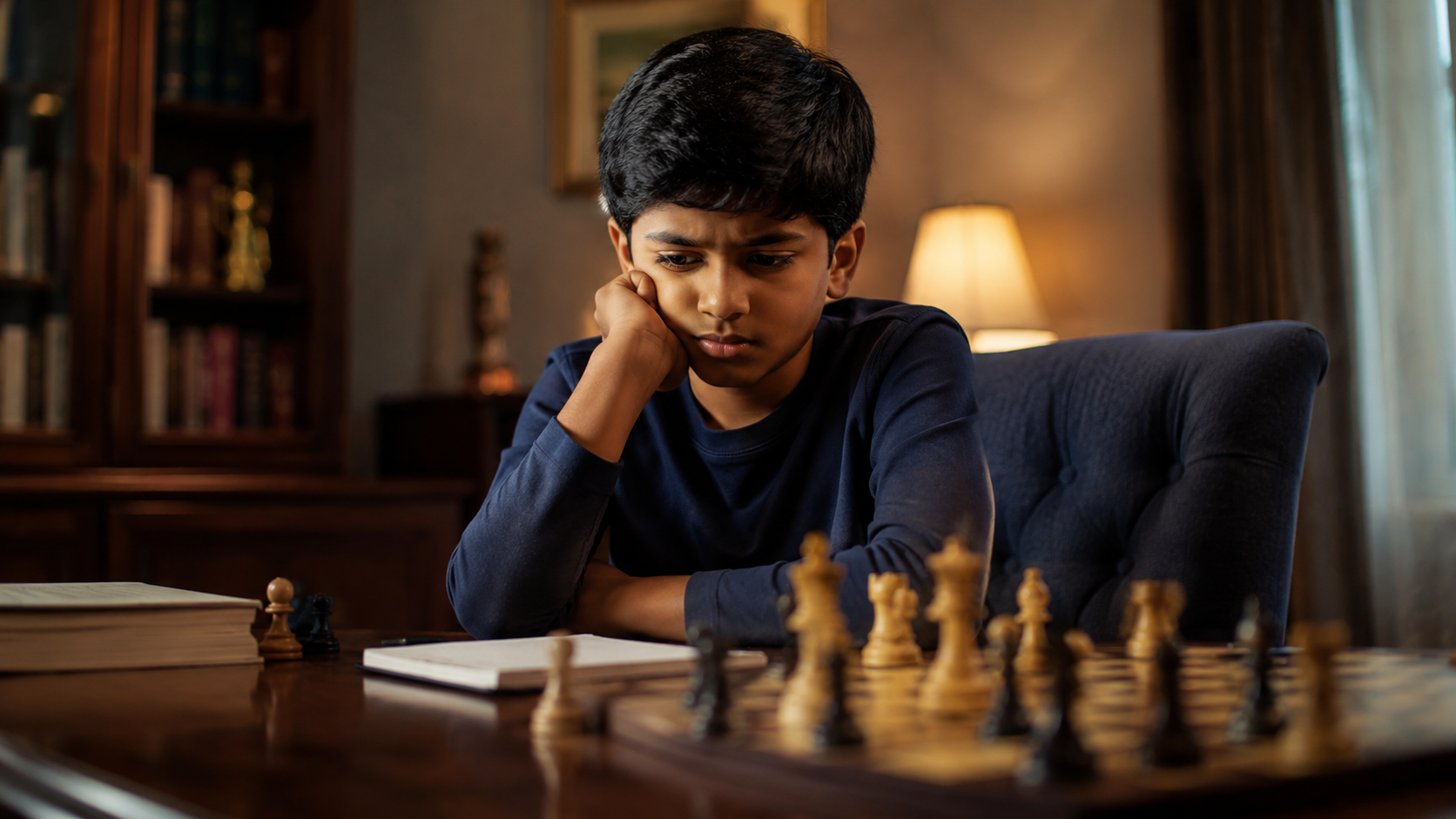 Indian child reflecting after making a chess mistake in a premium home learning environment