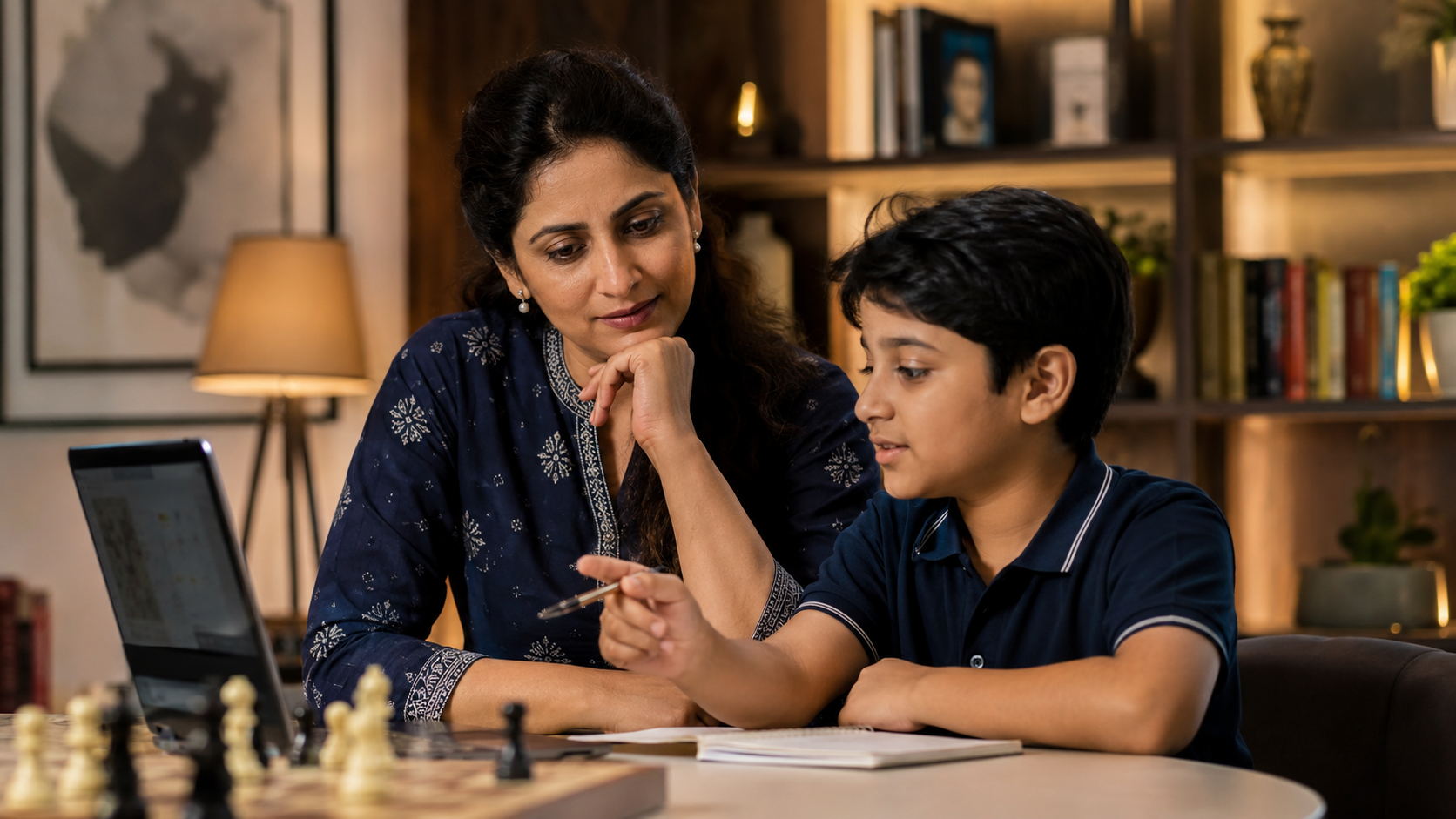 Indian parent and child reviewing chess progress together at home