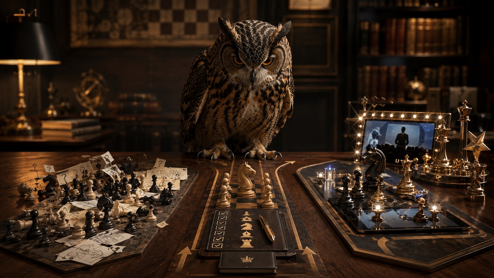 Symbolic premium chess coaching selection scene showing a wise evaluator choosing the right structured path