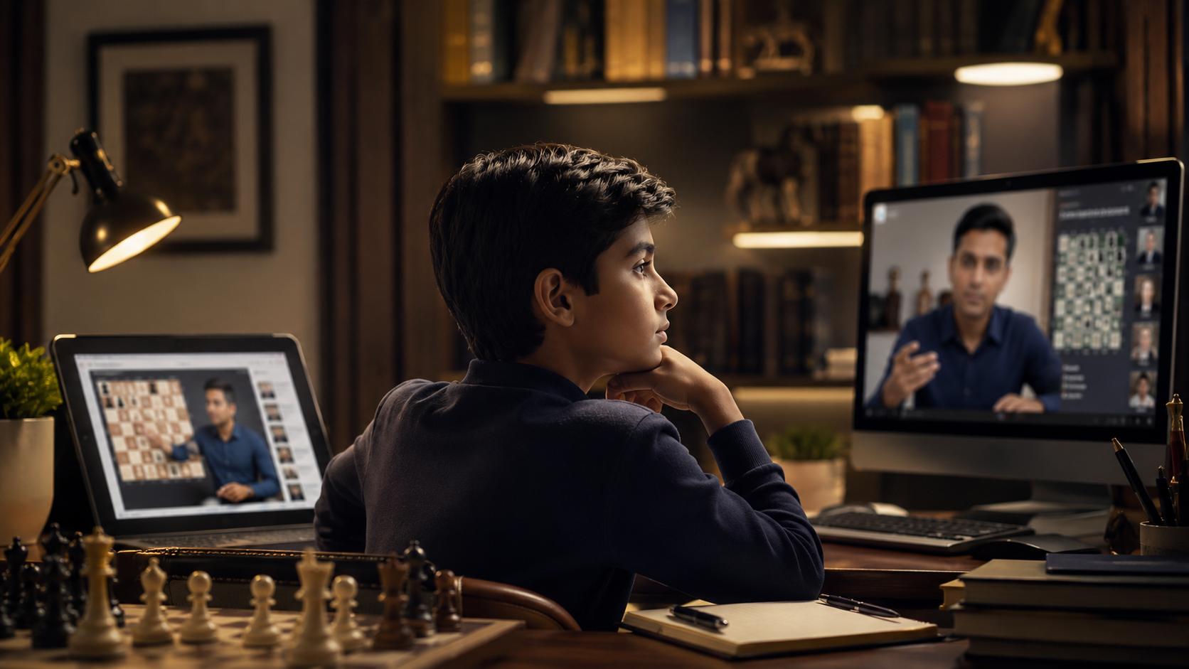 Indian child comparing YouTube chess videos with live online chess coaching