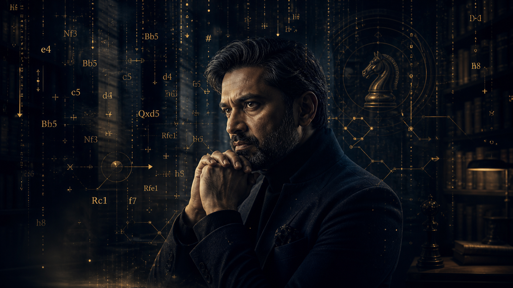Strategist surrounded by chess notation and calculation lines
